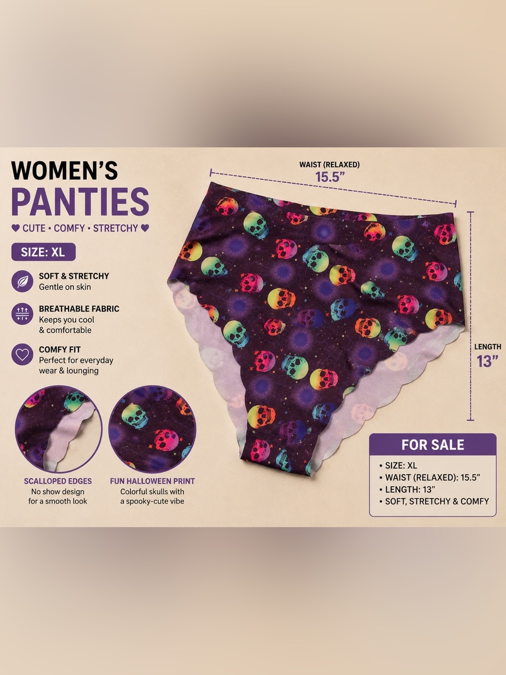 DKNY Purple Hipster Panties with Rainbow Skull Print size XL